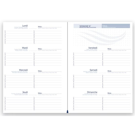 Double page intérieure d’agenda perpétuel présentant une semaine complète avec espaces journaliers et encadrés de notes.