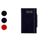 Agenda rigide bleu foncé avec nuancier de trois coloris ronds (noir, bleu, rouge), élastique noir et emplacement stylo, marquage