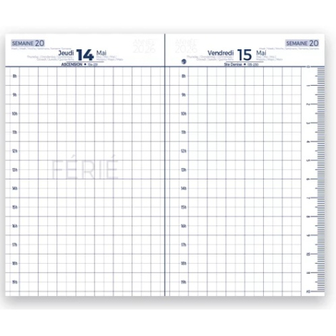 Double page intérieure d’agenda montrant deux jours avec repères horaires et marge graduée.