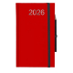 Agenda rigide rouge vertical avec élastique de maintien noir et emplacement pour stylo, marquage visible en haut de la couvertur
