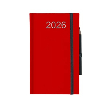 Agenda rigide rouge vertical avec élastique de maintien noir et emplacement pour stylo, marquage visible en haut de la couvertur