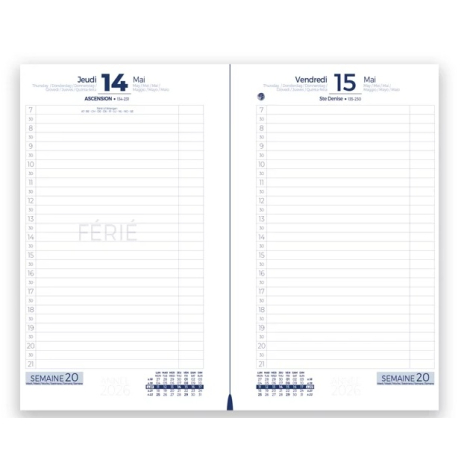 Double page intérieure d’un agenda montrant deux jours avec colonnes horaires et petits calendriers mensuels en bas de page.