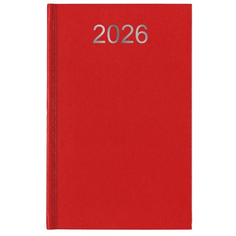 Agenda rigide rouge vu de face, marquage visible en haut de la couverture.