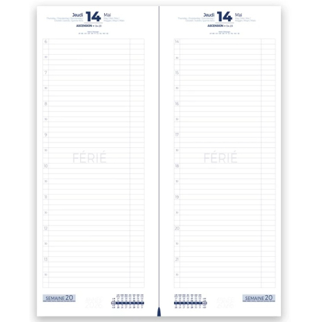 Double page intérieure d’un agenda montrant une journée complète avec colonnes horaires et calendriers mensuels.