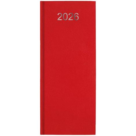 Agenda rigide rouge au format allongé vertical, marquage visible en haut de la couverture.