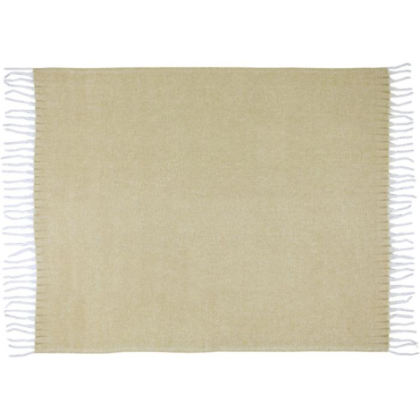 Couverture beige étendue à plat avec franges blanches visibles sur les largeurs.