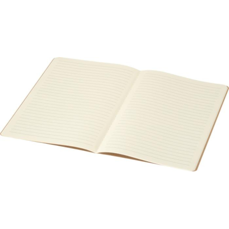 Carnet A5 kraft ouvert montrant ses pages crème lignées régulières.