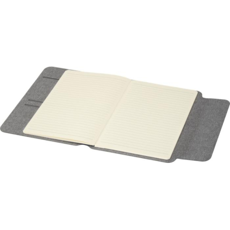 Porte-documents A5 ouvert montrant le carnet intérieur à pages crème lignées.