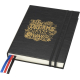 Carnet A5 rigide noir avec élastique et rubans marque-pages, marquage visible sur la couverture.