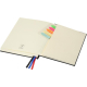 Carnet A5 ouvert présentant l’intérieur de la couverture avec pochette et marque-pages colorés.
