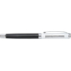 Stylo roller noir et argent vu de côté, marquage visible sur le corps.