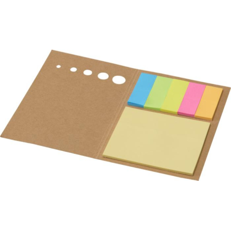 Bloc-notes autocollant kraft ouvert avec carnet de notes jaunes et cinq blocs colorés.