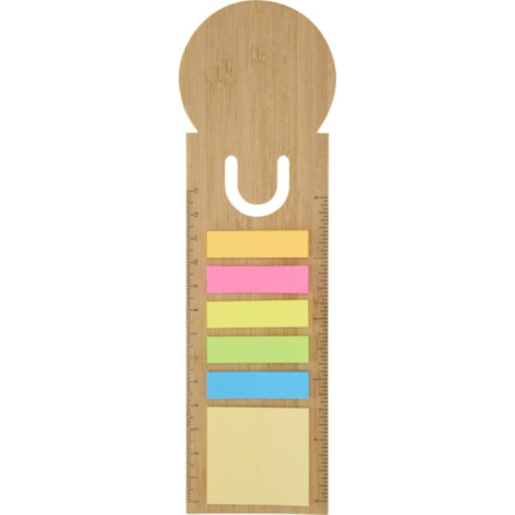 Règle marque-page avec graduations latérales et notes autocollantes multicolores.