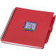 Carnet souple rouge avec reliure spirale et stylo assorti fixé sur le côté, marquage visible au centre de la couverture.