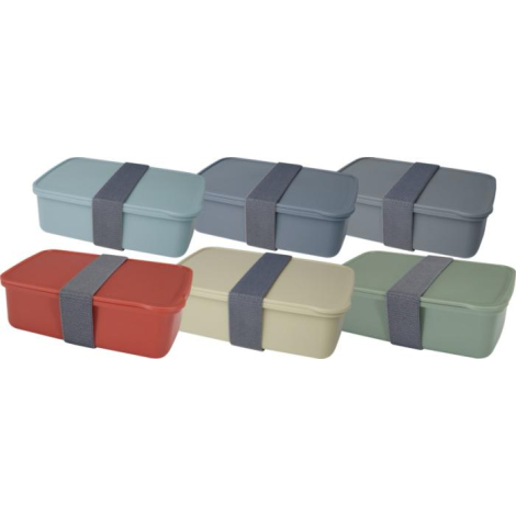 Ensemble de cinq lunch boxes colorées (rouge, vert, beige, bleu clair et bleu foncé) avec bande élastique grise.