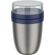 Lunch box isotherme en inox brossé avec couvercle transparent et bague bleue.