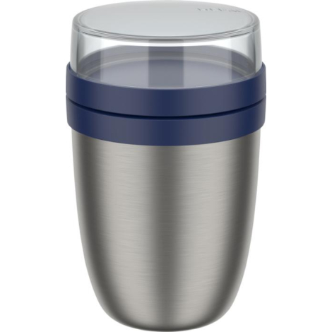 Lunch box isotherme en inox brossé avec couvercle transparent et bague bleue.