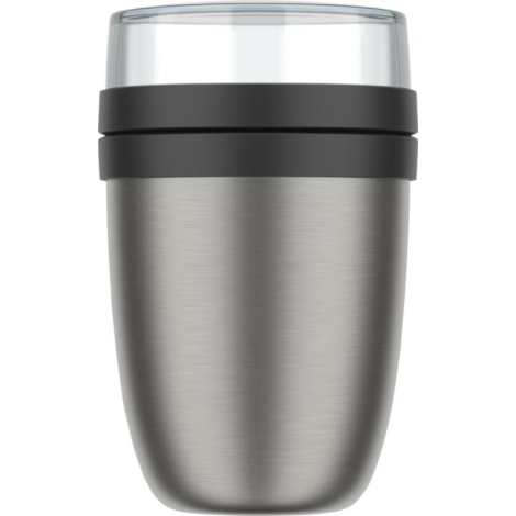 Lunch box isotherme en inox brossé avec couvercle transparent et bague noire.