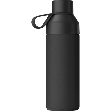 Bouteille isotherme noire présentée de face, finition mate avec poignée intégrée au bouchon.