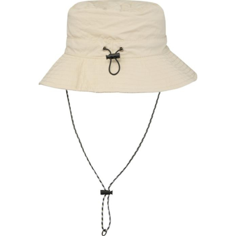 Chapeau de soleil beige avec cordon réglable noir.