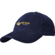 Casquette 6 panneaux en velours côtelé bleu marine présentée de trois quarts avec marquage visible à l’avant.