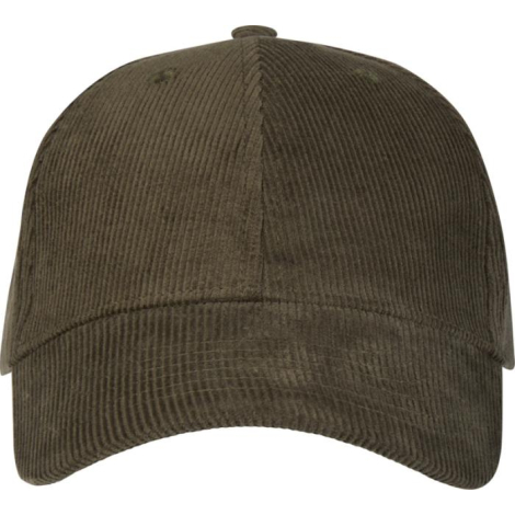 Casquette 6 panneaux en velours côtelé marron présentée de face.