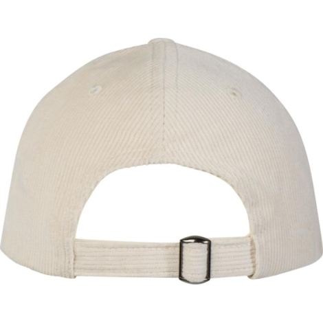 Casquette 6 panneaux en velours côtelé beige présentée de dos avec fermeture réglable à boucle métallique.