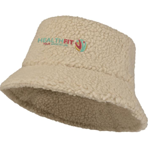 Chapeau bob en sherpa beige présenté de trois quarts avec marquage visible sur la calotte avant.