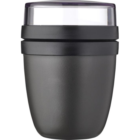 Lunch box compacte noire avec couvercle transparent et bague assortie.