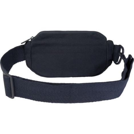 Vue arrière d’un sac banane bleu marine avec sangle réglable et boucle de fermeture.