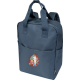 Sac à dos bleu vu de trois quarts avant avec double poignée et marquage sur la poche frontale.