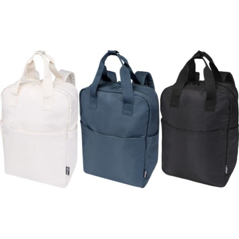 Trois sacs à dos présentés côte à côte, coloris beige, bleu et noir, sans marquage visible.