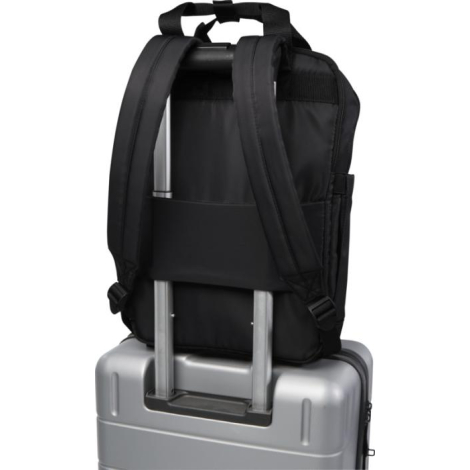 Vue arrière d’un sac noir fixé sur une valise à l’aide d’une sangle horizontale, sans personnalisation.