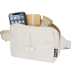 Sac banane beige ouvert contenant un téléphone, un carnet et un encas, sans personnalisation visible.