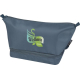 Trousse de toilette bleue vue de trois quarts avant avec compartiment principal et base séparée, marquage visible sur la face av