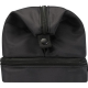 Vue rapprochée d’une trousse noire fermée montrant les deux fermetures zippées et un bouton pression, sans marquage visible.