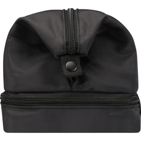 Vue rapprochée d’une trousse noire fermée montrant les deux fermetures zippées et un bouton pression, sans marquage visible.