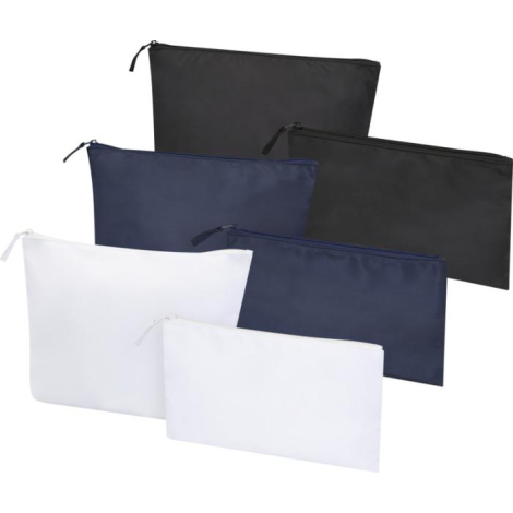 Ensemble de six trousses en trois coloris (noir, bleu marine, blanc), sans personnalisation visible.