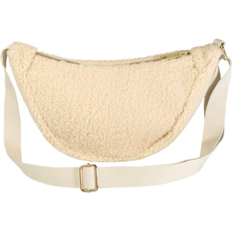 Sac banane beige en sherpa vu de dos avec sangle claire et fermeture zippée dorée, sans marquage visible.
