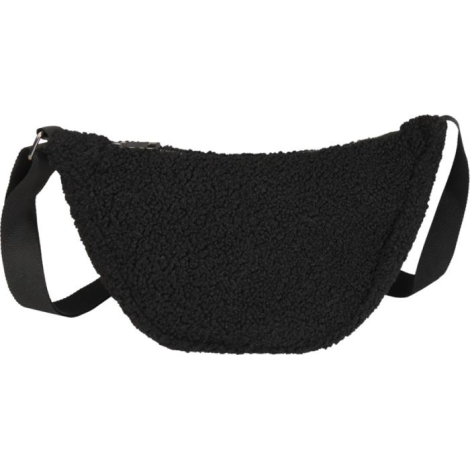 Vue arrière d’un sac banane noir en sherpa avec sangle réglable et fermeture zippée, sans personnalisation visible.