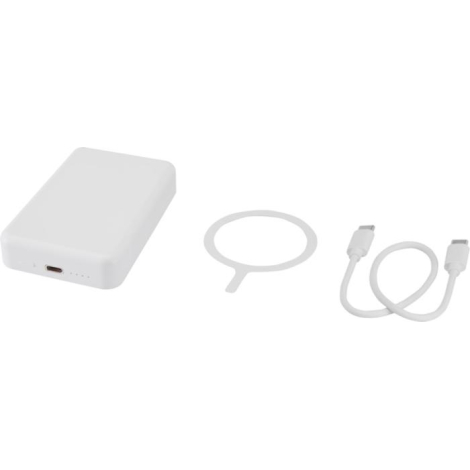 Batterie blanche posée à plat avec ses accessoires (anneau magnétique et câble USB-C), sans personnalisation visible.