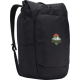 Sac à dos noir vu de trois quarts avant avec poche frontale zippée et marquage visible sur la face avant.