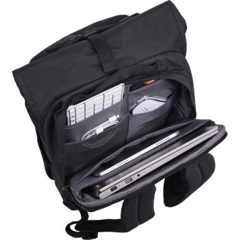 Sac à dos noir ouvert contenant ordinateur, tablette et accessoires électroniques, sans personnalisation visible.