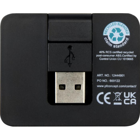 Vue arrière du hub montrant la prise USB et les mentions techniques imprimées, sans personnalisation visible.