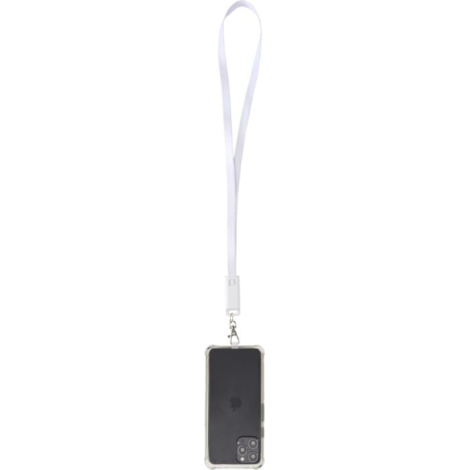 Tour de cou blanc suspendu tenant un smartphone noir par la languette fixée au bas de la coque, sans marquage visible.