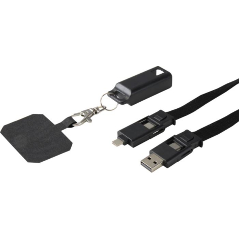 Détail du tour de cou noir détaché montrant le clip, la languette et les connectiques USB, sans personnalisation visible.