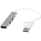 Hub USB rectangulaire argenté en aluminium recyclé relié à un câble blanc, marquage visible sur la face avant.