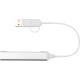 Vue du dessus d’un hub USB argenté relié à un câble blanc enroulé, sans personnalisation visible.