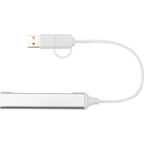Vue du dessus d’un hub USB argenté relié à un câble blanc enroulé, sans personnalisation visible.