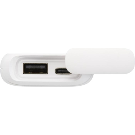 Batterie blanche montrant ses ports USB et USB-C protégés par un capuchon silicone, sans marquage visible.